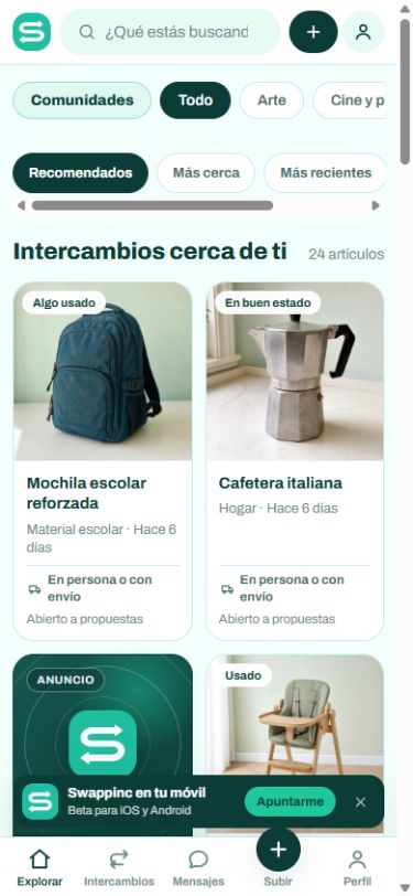Vista móvil del proyecto Swappinc